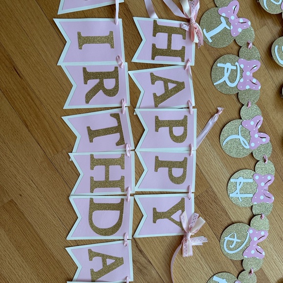 TWO Happy 1st Birthday Banners + month pic banner Minnie pink gold - Picture 3 of 7